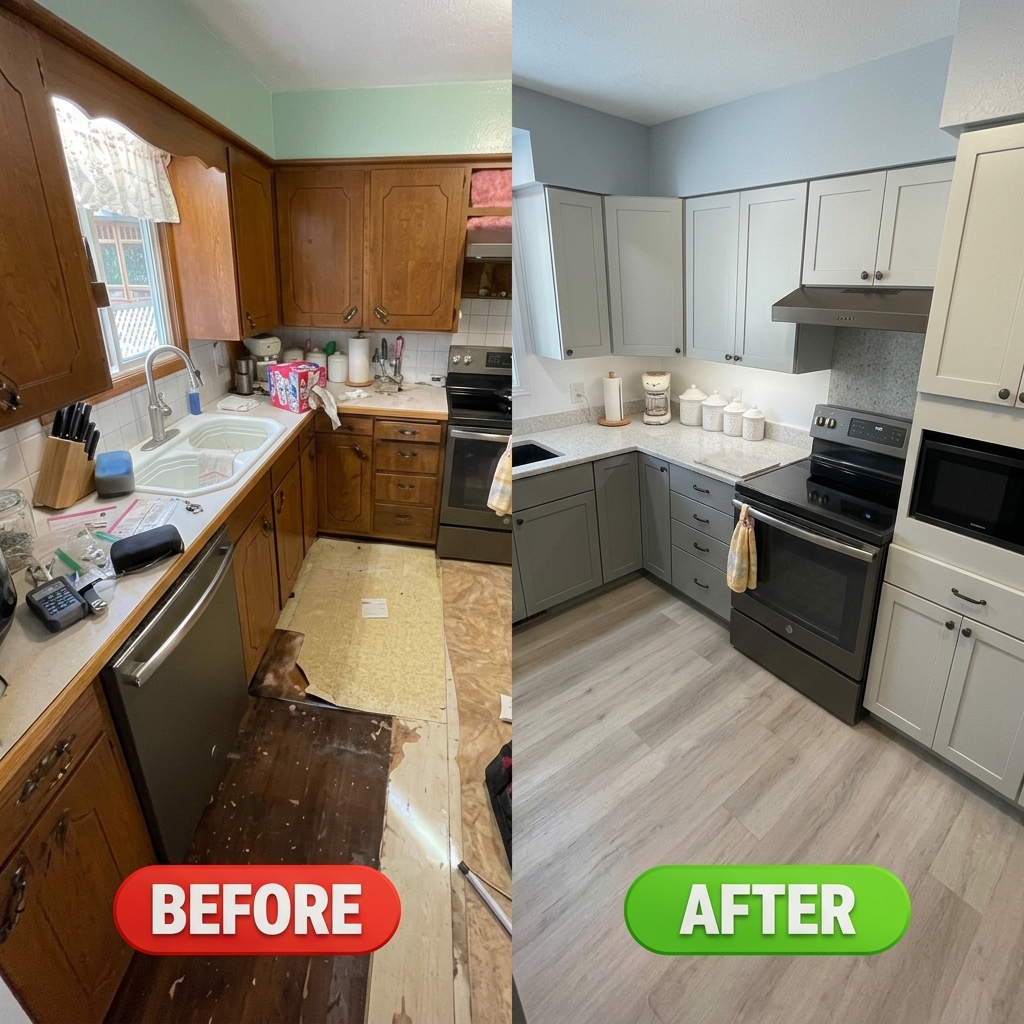Water damage before and after restoration